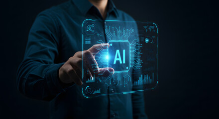 Person holding a glowing ai symbol with futuristic digital data overlay