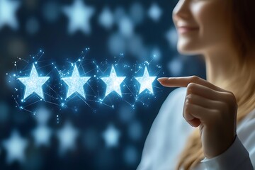 Fototapeta premium Smiling Woman Touching Glowing Digital Stars Rating System
