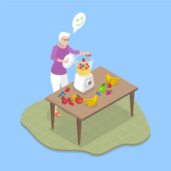 3D Isometric Flat Vector Illustration of Senior with Proper Nutrition, Blending Fresh Fruits For Healthy Smoothies