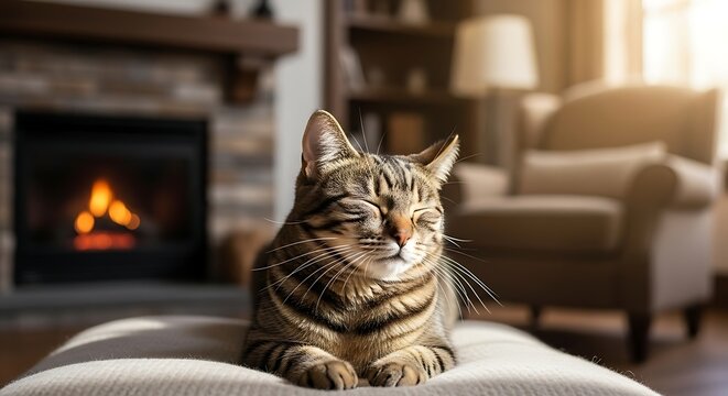 Contented tabby cat relaxing in cozy living room near fireplace