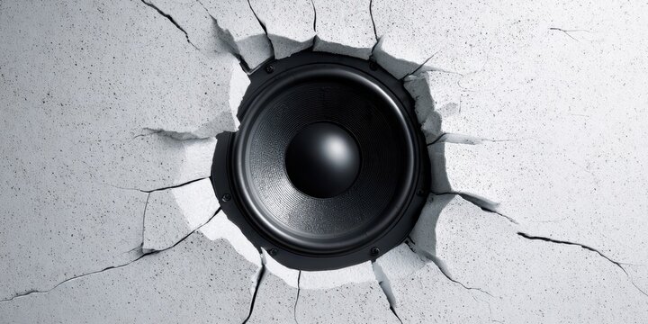 The speaker bursting through a cracked wall, showcasing powerful sound energy.