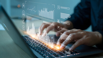 Analyze financial growth data on futuristic holographic interface with hands typing on laptop
