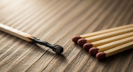 Burnt matchstick alongside unlit matches on a wooden surface