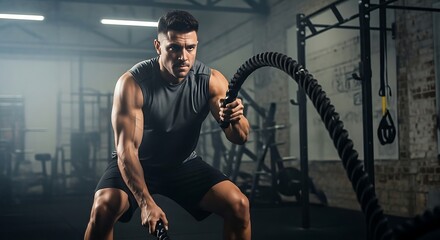 Muscular man exercising with battle ropes in a gym for strength and endurance