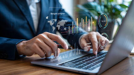 Dynamic businessman analyzing global financial data with futuristic holographic charts on laptop