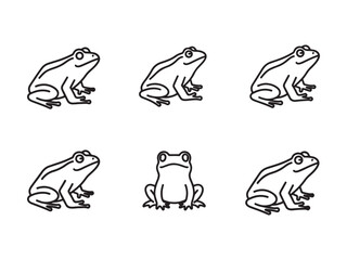 Set of six frog line art illustrations. A collection of simple amphibian character icons shown in profile and front view for design elements.