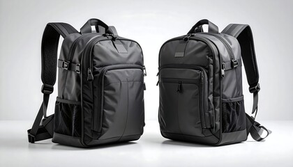 Fototapeta premium Blank Black Backpack Mockup - Front and 3/4 View
