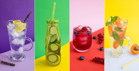 Collage. Cold lemonade or infused water with red currants, blueberry, cucumber, lemon and apricot in the drinking glass on the colored background.