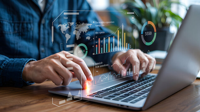 Hands interacting with futuristic digital interface displaying global analytics and financial data for business growth.