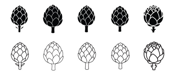 Set of Artichoke Vegetable Icons Silhouettes and Outlines