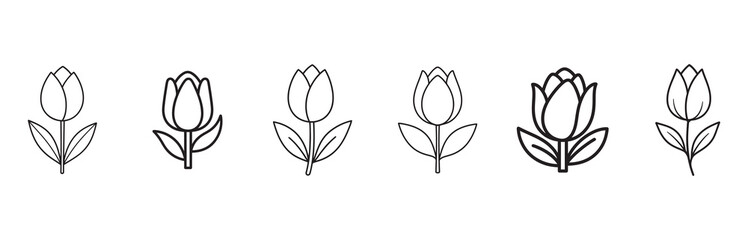 Set of Tulip Flower Line Art Icons Floral Spring Elements, and solid white background