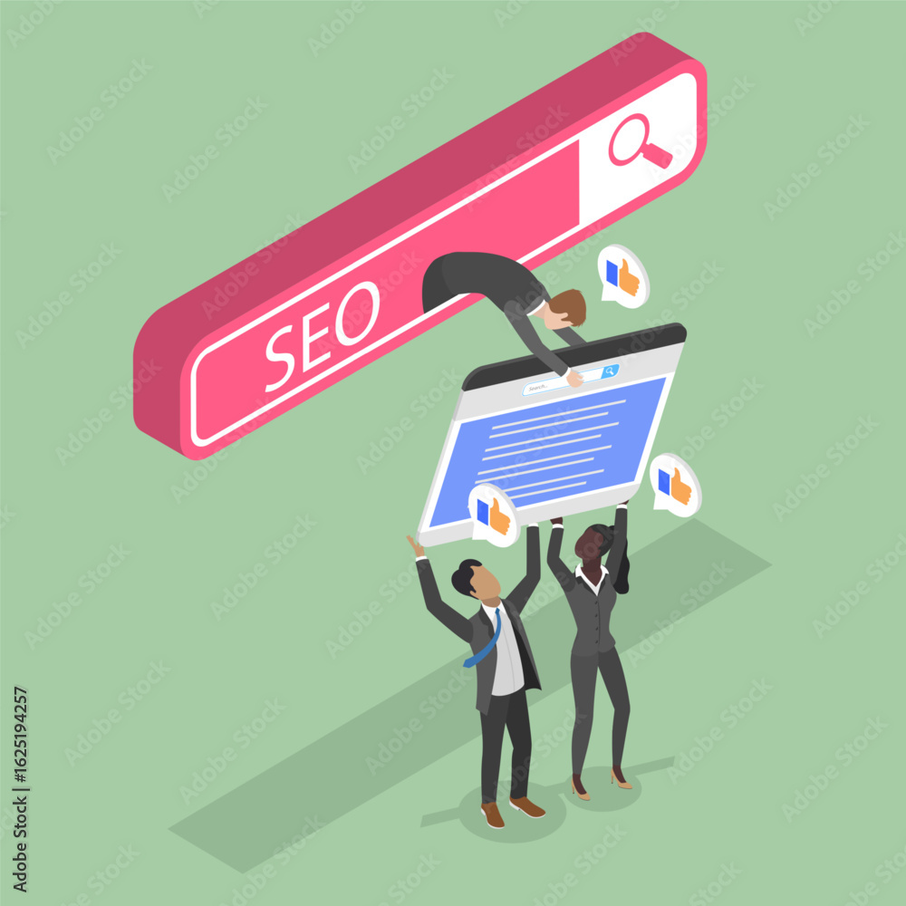 Poster 3d isometric flat vector illustration of search engine, get your website to the top of search result