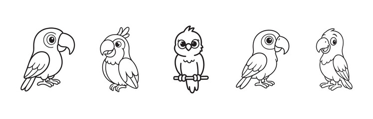 Set of Cute Cartoon Parrot Bird Line Art Outlines