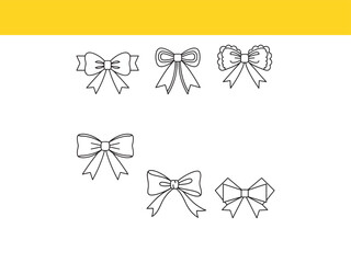 A versatile set of six different bow and ribbon illustrations. Clean, simple line art outlines perfect for decorative design elements.