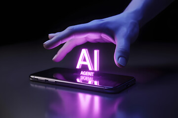 Unlock the future with AI agent technology, touching glowing interface on modern smartphone