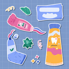 Lovely cartoon sticker set with different toothpastes and teeth stripes for planners, notebooks. Ready for print list of cute hand drawn stickers clipart for cleaning and whitening enamel.