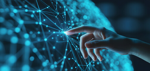 Fingertip connects to glowing digital network, symbolizing innovation and global data flow.
