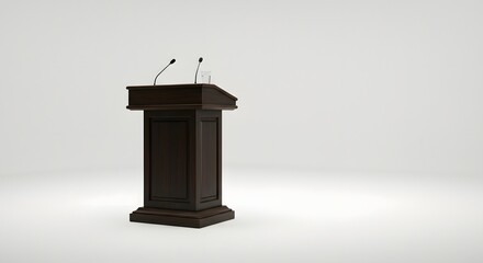 Wooden Podium: A simple wooden podium with two microphones stands isolated, embodying concepts of presentation and public speaking in a clean, uncluttered design.