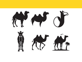 A collection of diverse camel silhouettes in various poses, including walking and standing, for logo and icon design.