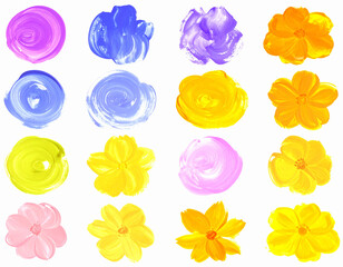 Naklejka premium Bright acrylic flower painting with yellow and purple petals on white background. Artistic brush strokes give an expressive and modern look. Colorful and creative floral abstract design.