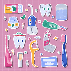 Childish teeth treatment sticker set with dental products and tools for planners, notebooks, diary. Ready for print list of cartoon hand drawn clipart. Stomatology concept, cheerful tooth character.
