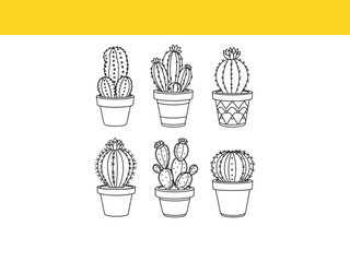 A collection of hand-drawn cactus and succulent illustrations in decorative pots. Simple black and white line art set for design elements.