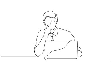 Continious one line drawing of young businessman working on laptop vector illustration. Editable outline