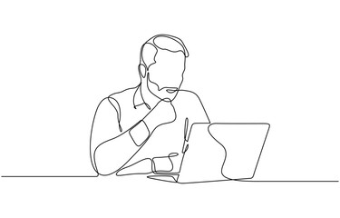 Continious one line drawing of young businessman working on laptop vector illustration. Editable outline