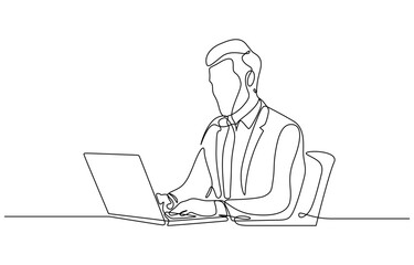 Continious one line drawing of young businessman working on laptop vector illustration. Editable outline
