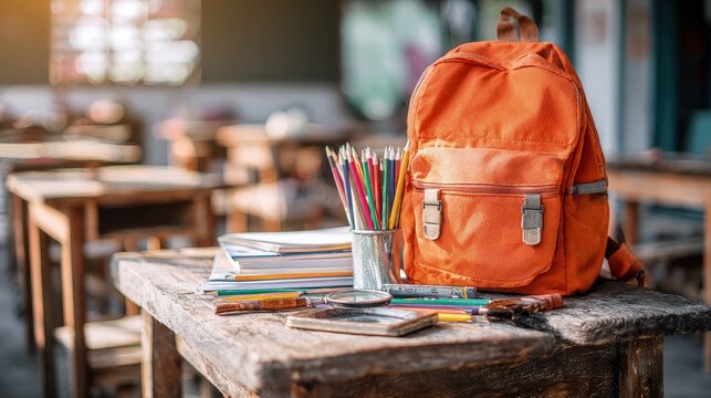 Orange Backpack On Wooden School Desk With Colorful Pencils And Books - Powered by Adobe