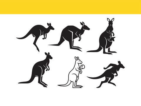 Collection of black kangaroo silhouettes in various poses. Vector graphic set of an iconic Australian animal with a joey.