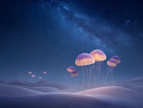 Glowing jellyfish floating above desert dunes at midnight - Powered by Adobe