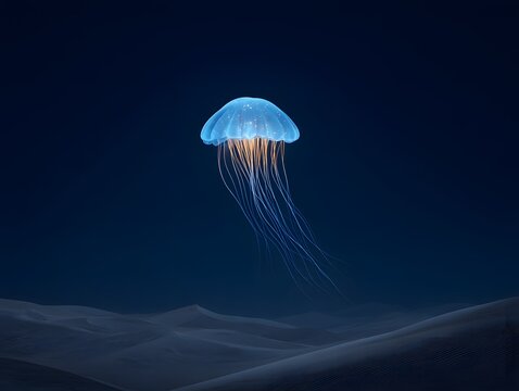 Glowing jellyfish floating above desert dunes at midnight
