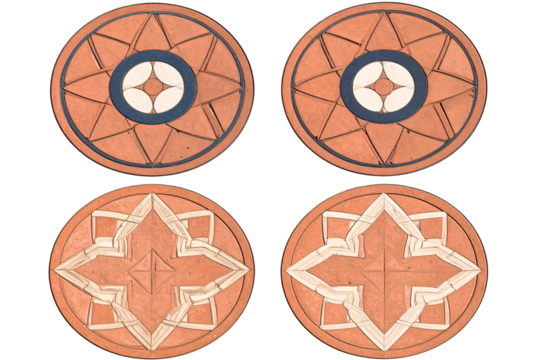 Set of Four Decorative Tiles in a Grid Layout with Mixed Geometric Patterns, isolated on transparent background
