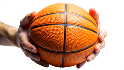 Closeup of a persons hands holding a textured orange basketball, ready for a game, symbolizing sport, fitness, and athletic pursuit isolated on transparent background