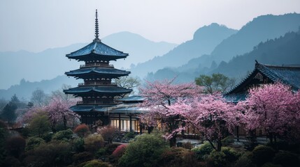 Fototapeta premium Ancient Japanese temple with wooden pagodas, cherry blossom trees, and misty mountains in the distance