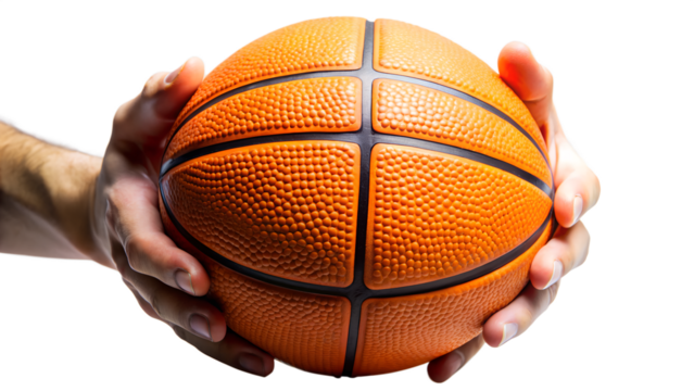 Closeup of a persons hands holding a textured orange basketball, ready for a game, symbolizing sport, fitness, and athletic pursuit isolated on transparent background