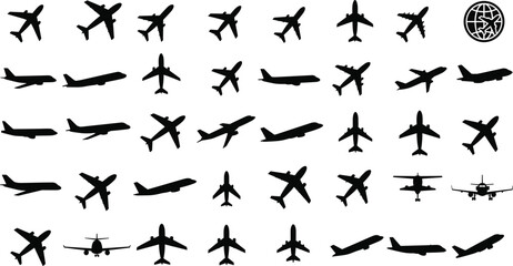 Naklejka premium Airplane Silhouette Vector Set, Aircraft Black Icons, Aviation Silhouettes, Commercial Plane Bundle, Air Travel Clipart Collection