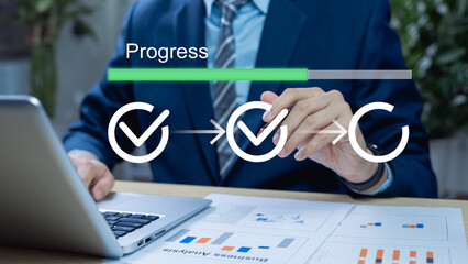 Businessman marking checklist with loading progress bar. Concept of task tracking, project...