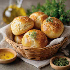Freshly baked bread rolls in basket with herbs