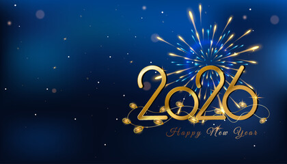 Fototapeta premium Happy New Year 2026! Gold numbers and fireworks on blue. Elegant and festive. Perfect for cards, banners, invitations! Celebrate the new year!