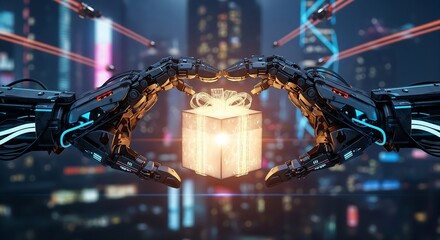 AI Giving Glowing Gift Box with Heart Hands