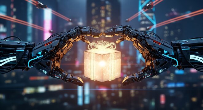AI Giving Glowing Gift Box with Heart Hands