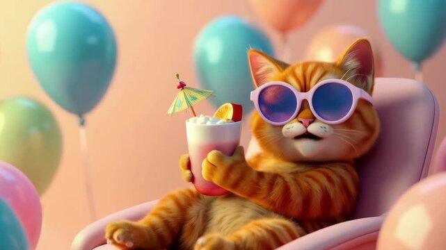 A charming cartoon cat relaxes in sunglasses, enjoying a colorful drink. Surrounded by pastel balloons, the scene exudes a playful, fun atmosphere perfect for celebrations.