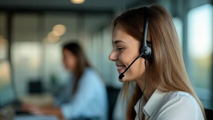Smiling customer service representative with a headset, providing support in a modern office environment, showcasing professionalism and approachability.