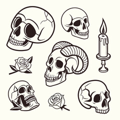 Halloween icon set skull cracked skull ram