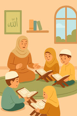 Vector illustration of Muslim children learning the Quran with a female teacher indoors. Featuring a cozy Islamic home with prayer mats, Quran holders, wall decor, and a warm atmosphere, this artwork 