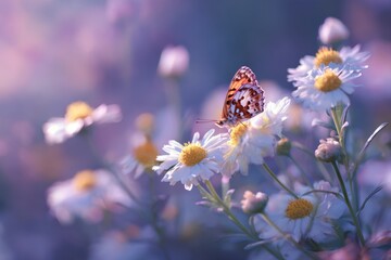 Butterfly on Daisies: A Serene Pastel Floral Scene