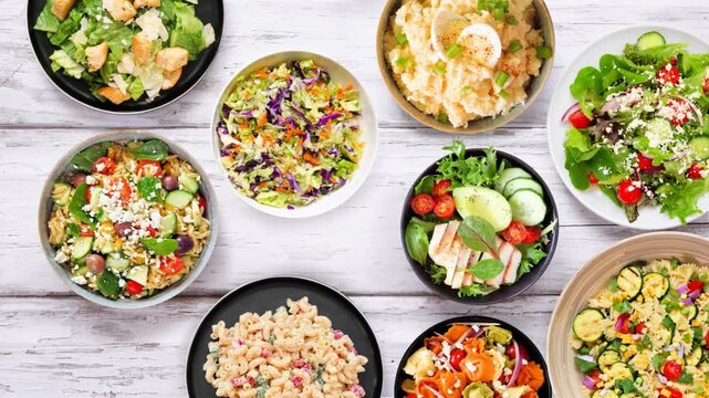 Summer table scene with an assortment of traditional salads. Top view, stop motion, table placement video on a white wood background.