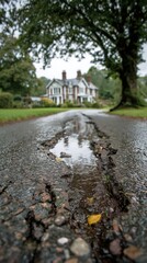 Obraz premium Heavy rains have significantly damaged an asphalt driveway, creating deep cracks and puddles leading to a distant house under a blurred tree